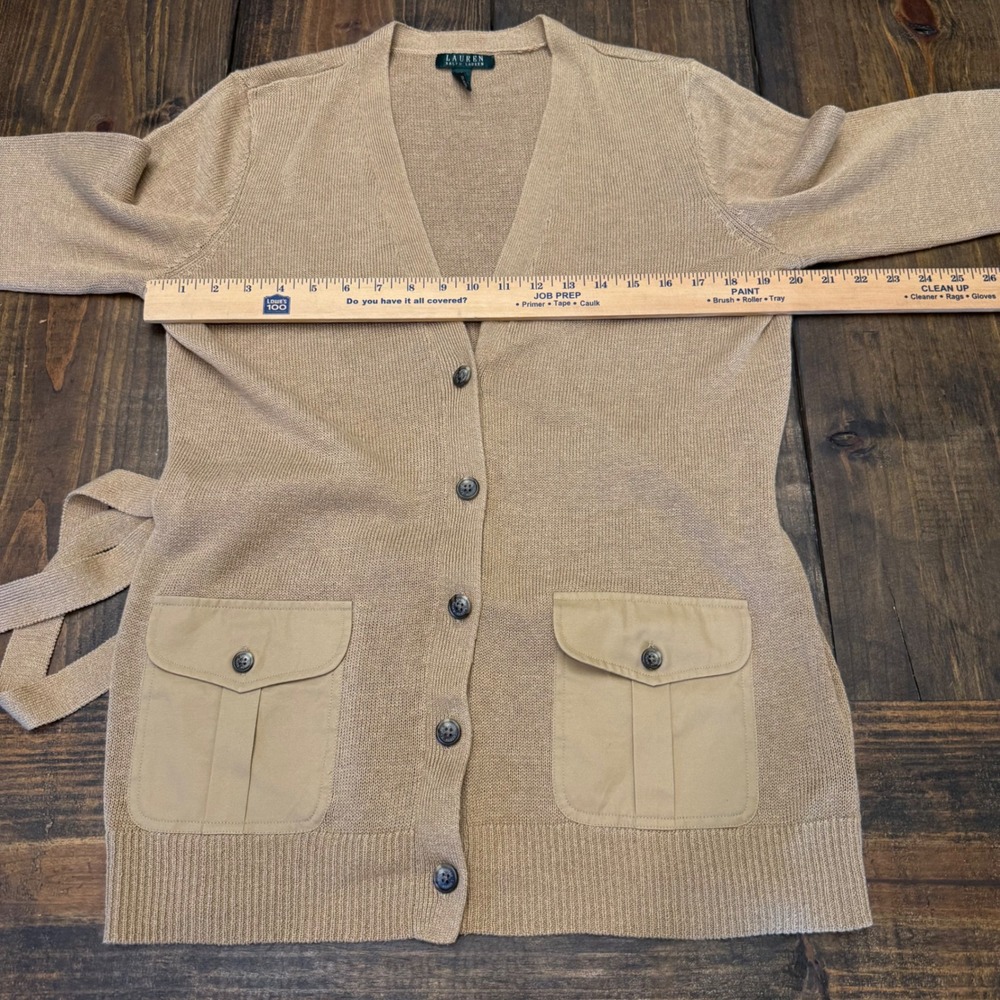 Lauren Ralph Lauren Womens Tan Linen Cotton Belted Cargo Pocket Cardigan Large - Picture 5 of 8
